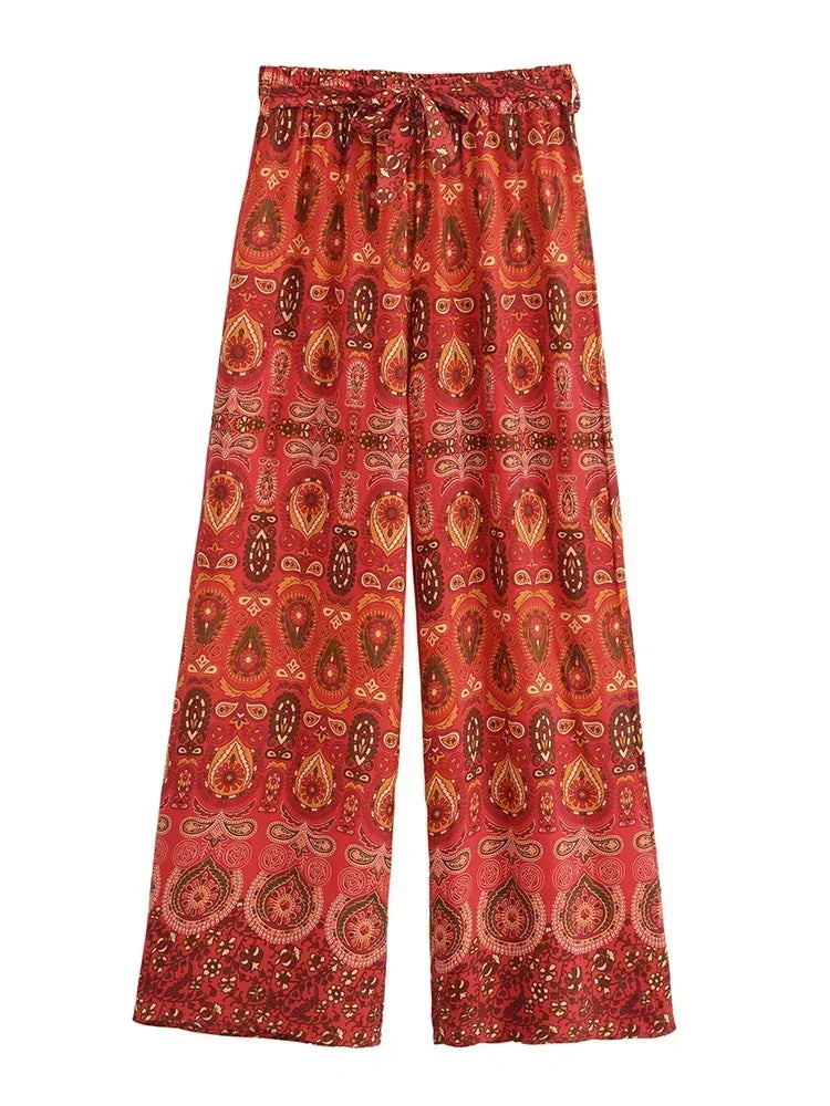 Boho Queens Women Red Floral Print Bohemian Wide Leg Pant Lady Gothic Elastic Waist Loose Rayon Long Boho Pants Casual Trousers