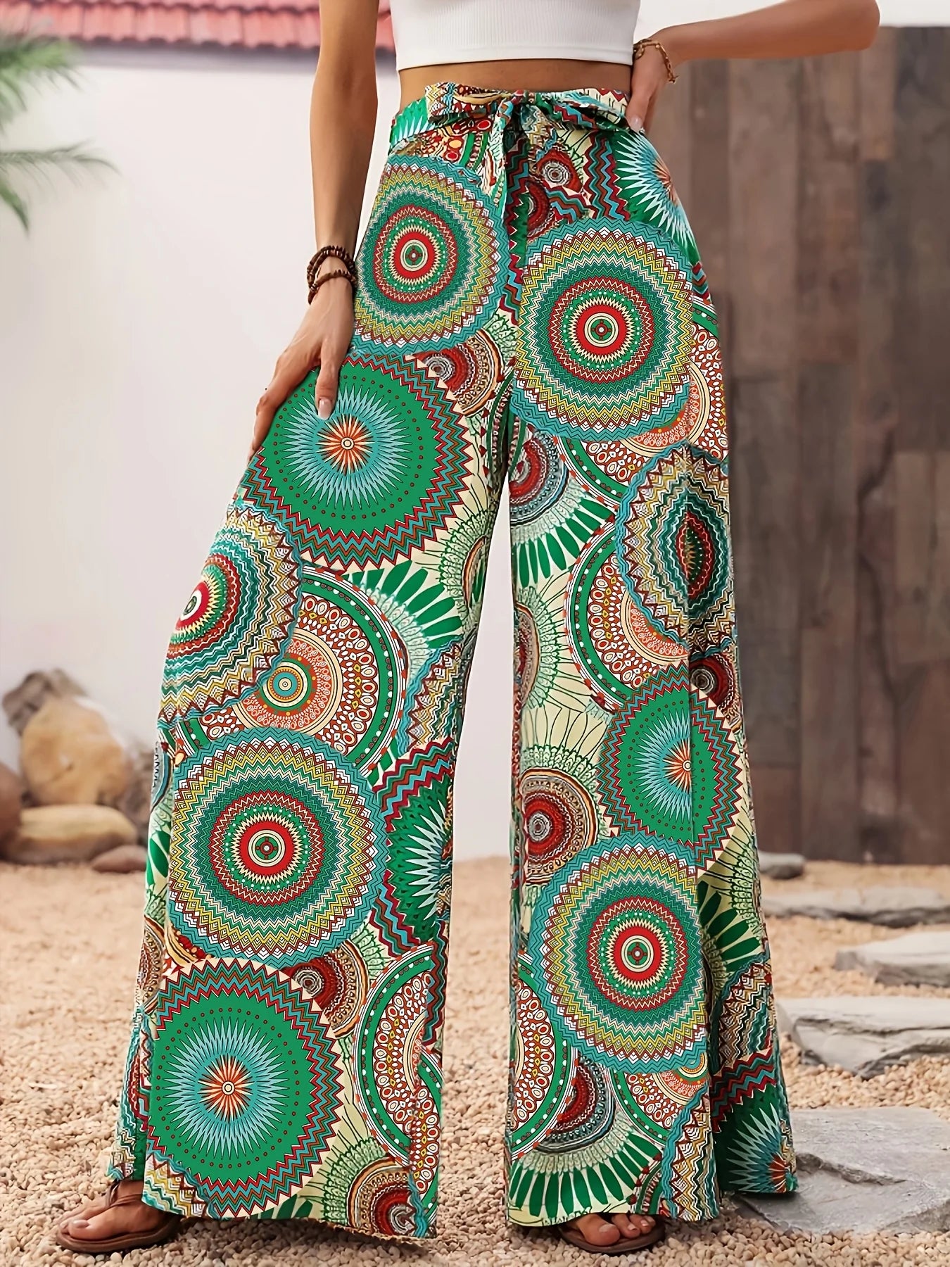 Women's casual vacation comfortable bohemian style printed elastic waist wide leg strap pants long pants