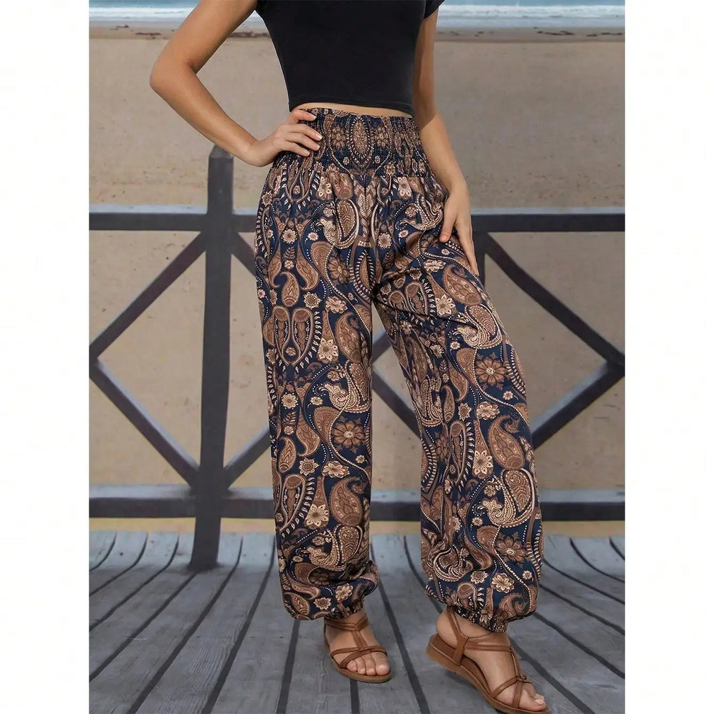 Women's Paisley Print High Waist Harem Pants Loose Casual Beach Palazzo Pants Elastic Cuff Lounge Pants for Summer Vacation