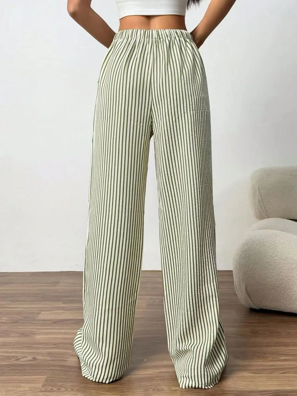 American Style Retro Vertical Stripe Drawstring Wide Leg Pants High Waist Dipping Loose Straight Casual Pants