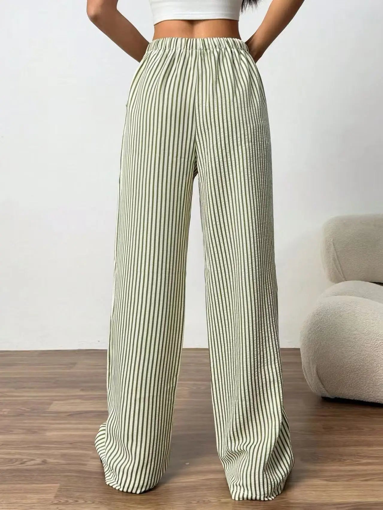 American Style Retro Vertical Stripe Drawstring Wide Leg Pants High Waist Dipping Loose Straight Casual Pants