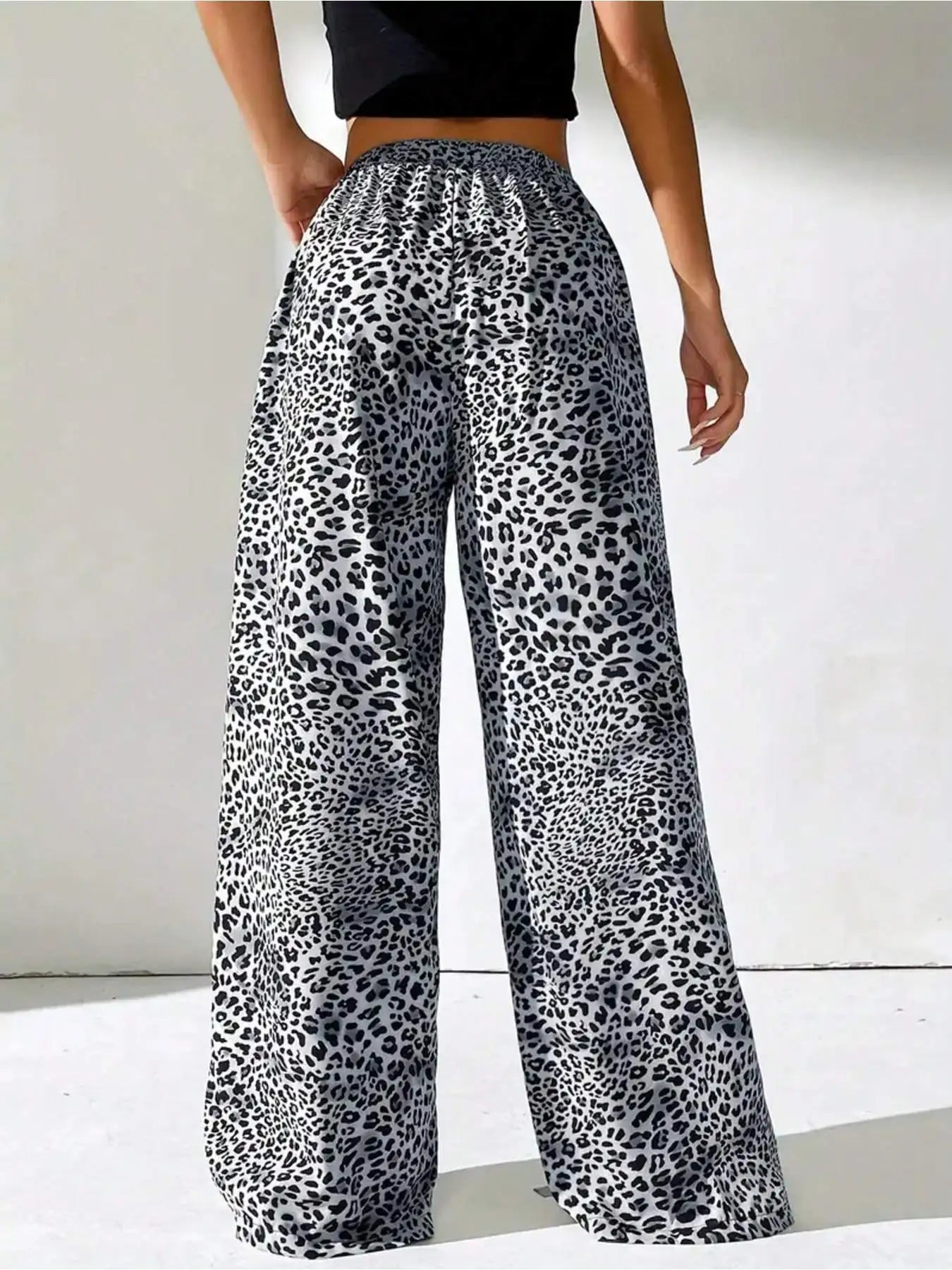 Summer casual elegant style elastic waist color blocked leopard print wide leg pants long pants