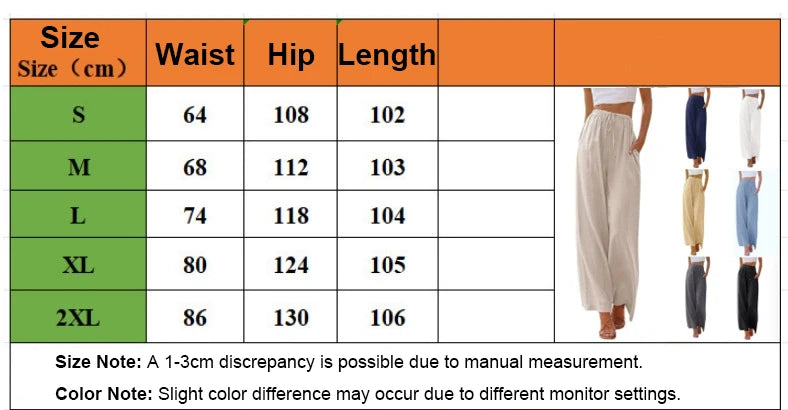 Women's Summer Linen Wide Leg Pants High Waist Elastic Drawstring Casual Loose Palazzo Trousers with Pockets