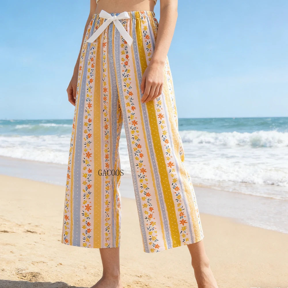 Women Casual Autumn Wide Leg Pants Floral Beach Trousers High Waist Boho Ethnic Style Calf Pants Four Season Girls Home Clothes