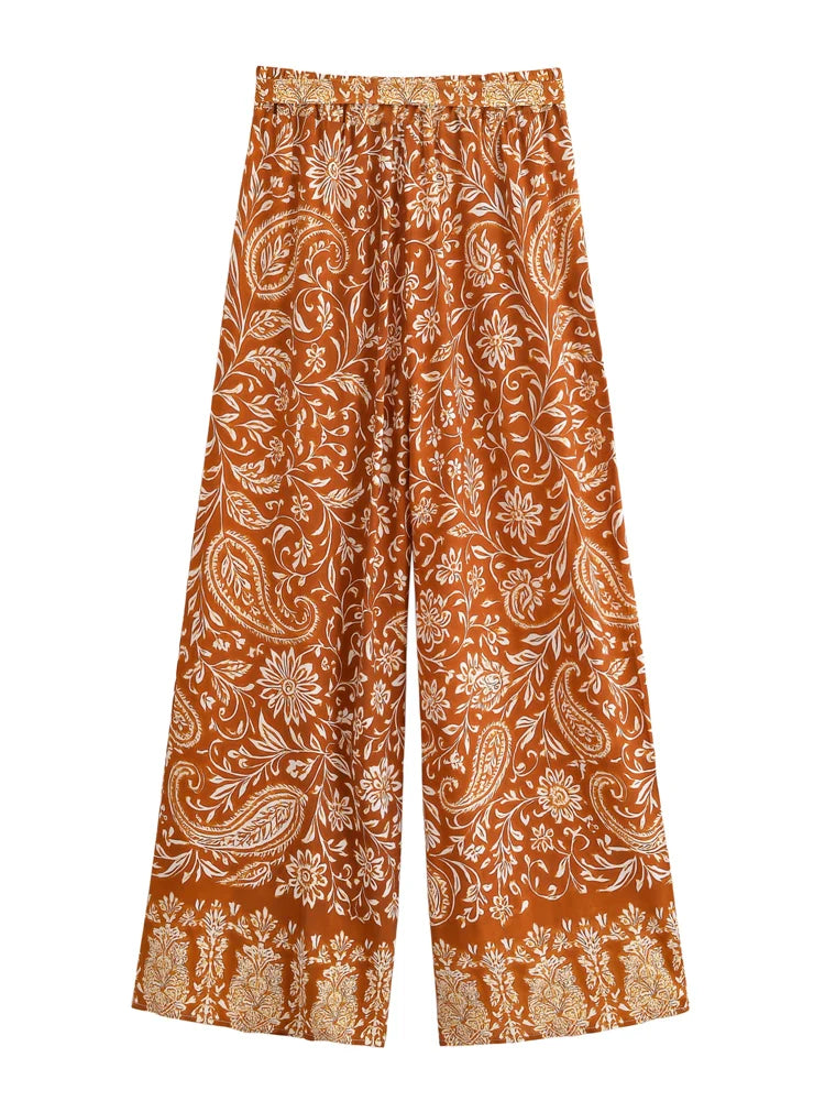 Vintage Chic Women Floral Print Wide Leg Bohemian Happie Pants Ladies Sashes Loose Rayon Boho Long Pant Oversize