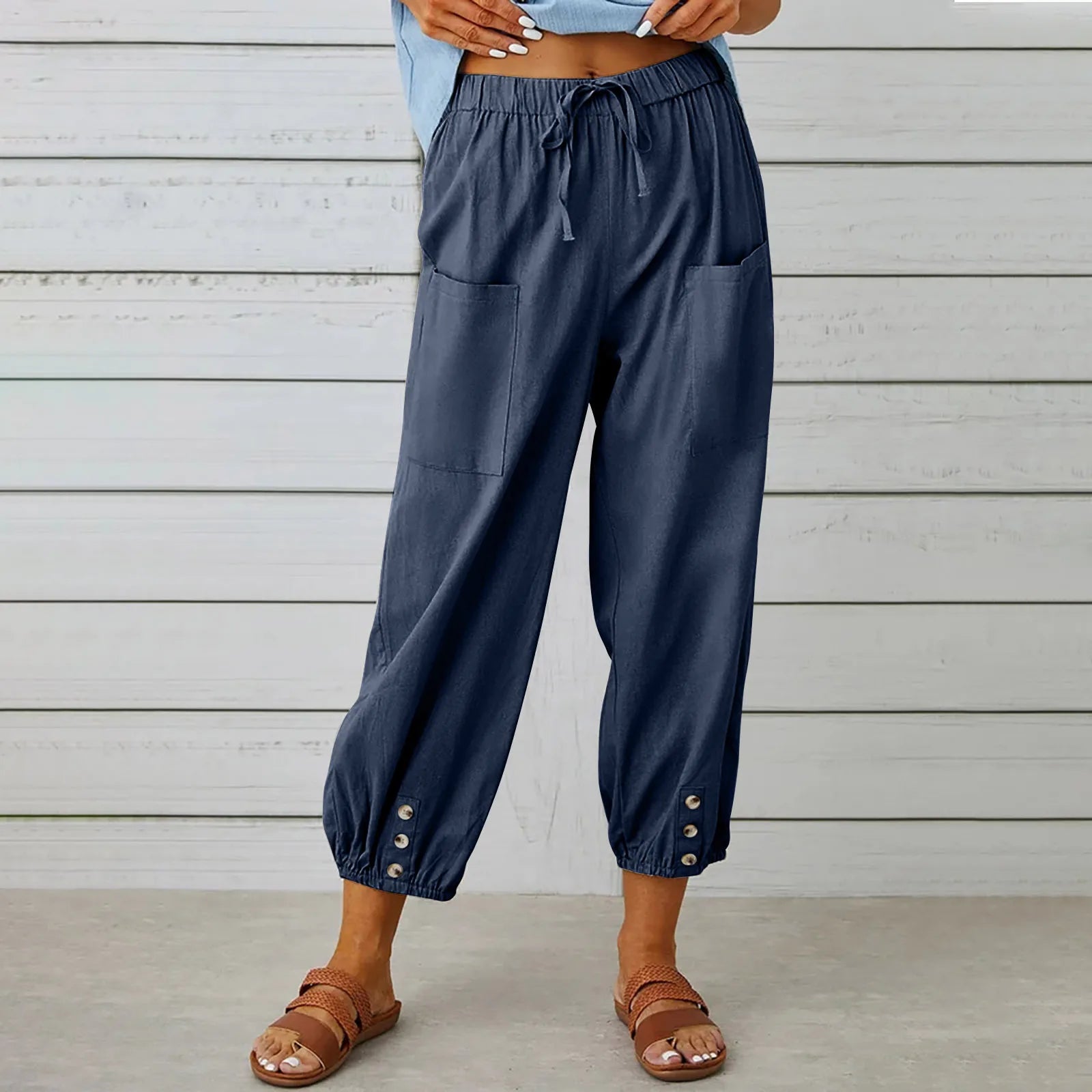 Cotton Linen Harem Pants Women Casual Elastic High Waist Lace Up Loose Ankle Trousers Vintage Harajuku Wide Leg Straight Pants