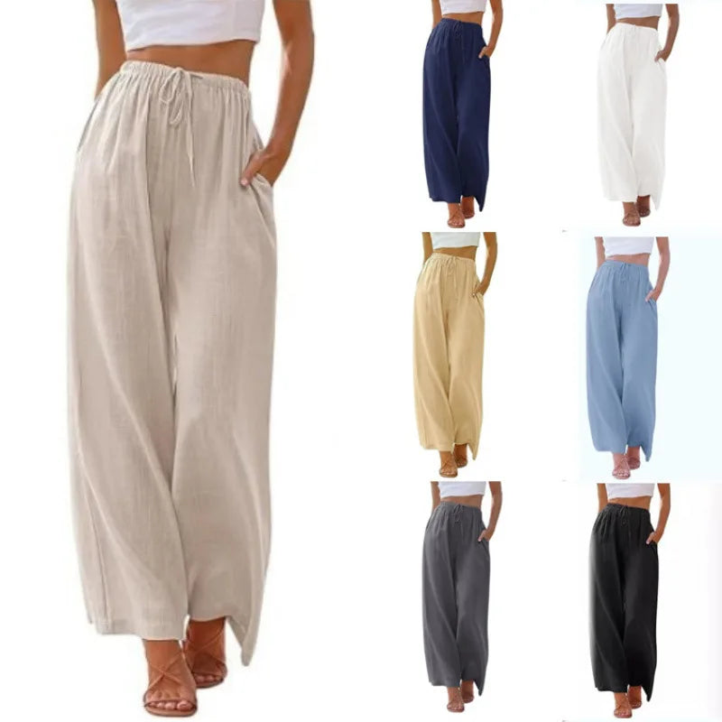 Women's Summer Linen Wide Leg Pants High Waist Elastic Drawstring Casual Loose Palazzo Trousers with Pockets