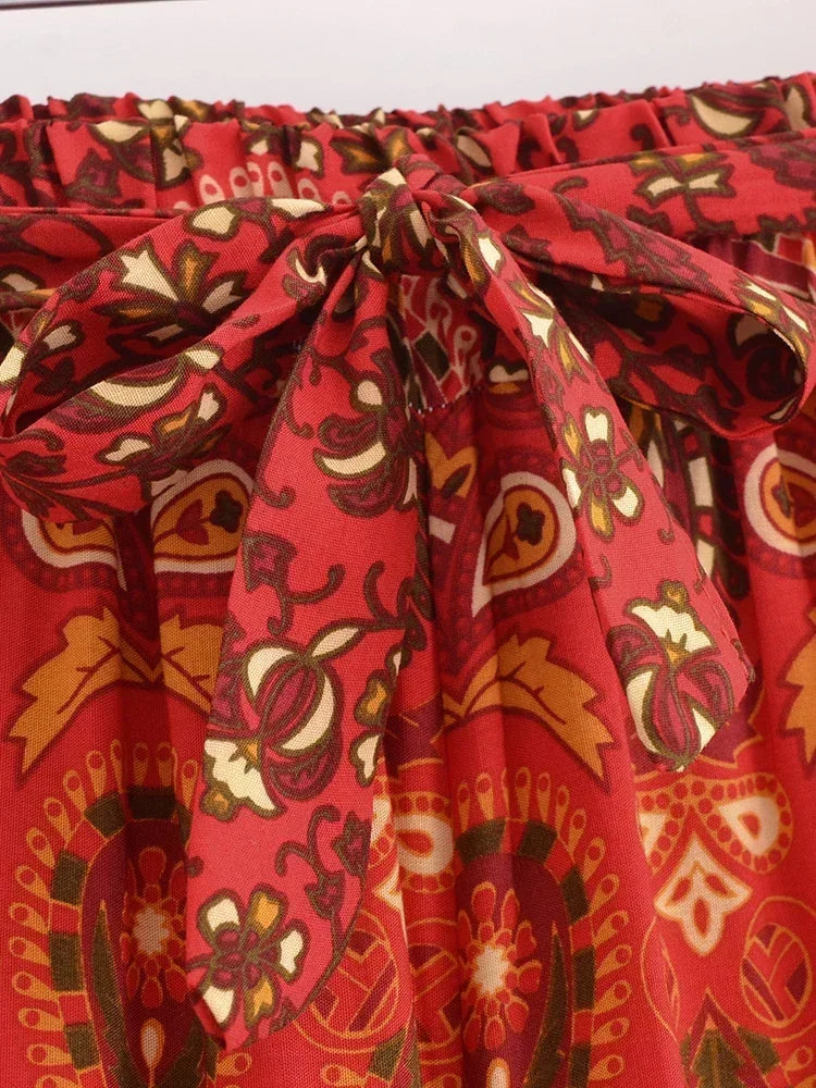 Boho Queens Women Red Floral Print Bohemian Wide Leg Pant Lady Gothic Elastic Waist Loose Rayon Long Boho Pants Casual Trousers