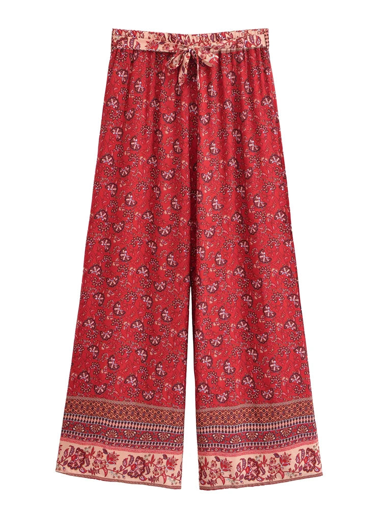 Vintage Chic Women Red Floral Bohemian Wide Leg Pants Lady Elastic Waist Loose Vacation Boho Long Pants Oversize Trousers