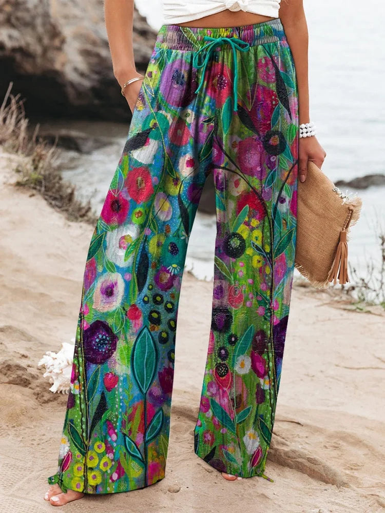 New Women's Drawstring Relaxed-Fit Casual Pants 3D Floral Print Comfortably Chic Wide-Leg Pants