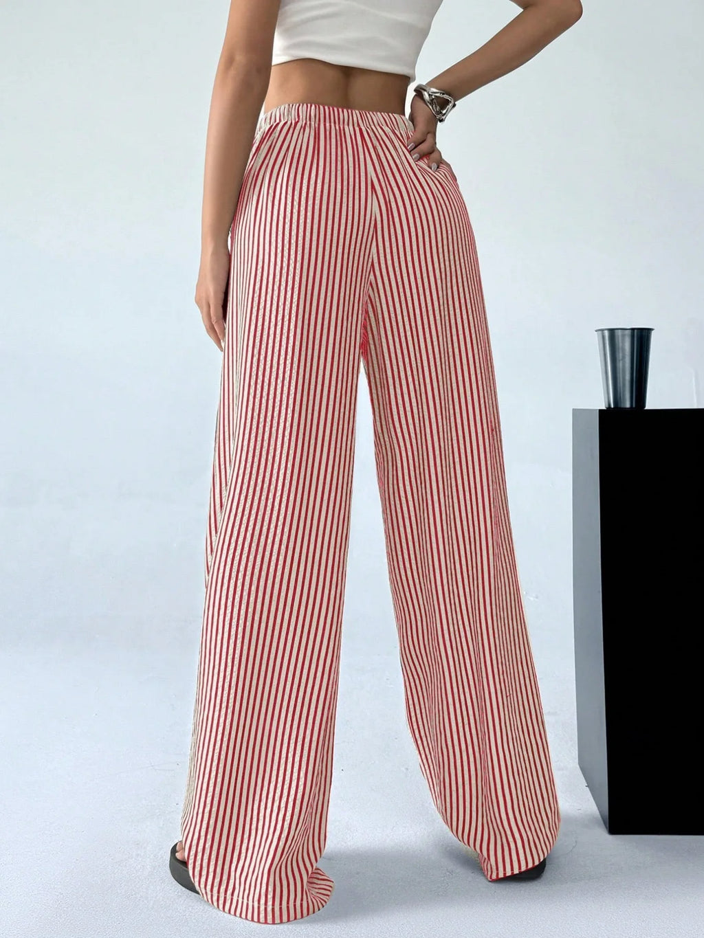 American Style Retro Vertical Stripe Drawstring Wide Leg Pants High Waist Dipping Loose Straight Casual Pants