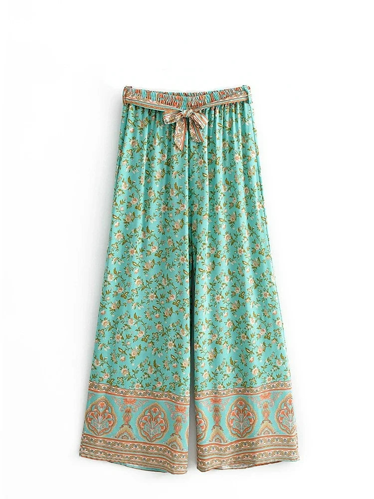 Boho Queens Women Green Floral Print Bohemian Wide Leg Pants Lady Elastic Waist Loose Rayon Boho Long Pant Oversize Trousers