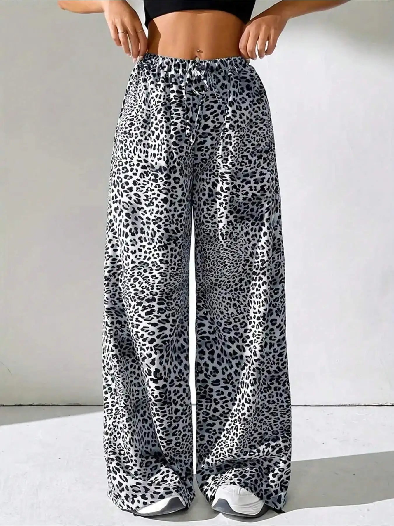 Summer casual elegant style elastic waist color blocked leopard print wide leg pants long pants