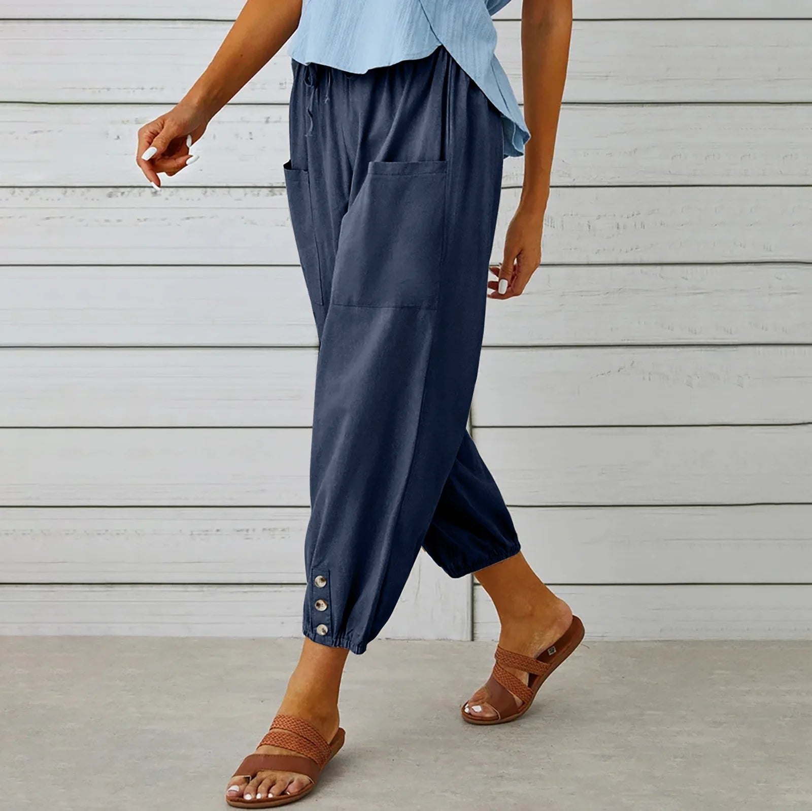 Cotton Linen Harem Pants Women Casual Elastic High Waist Lace Up Loose Ankle Trousers Vintage Harajuku Wide Leg Straight Pants