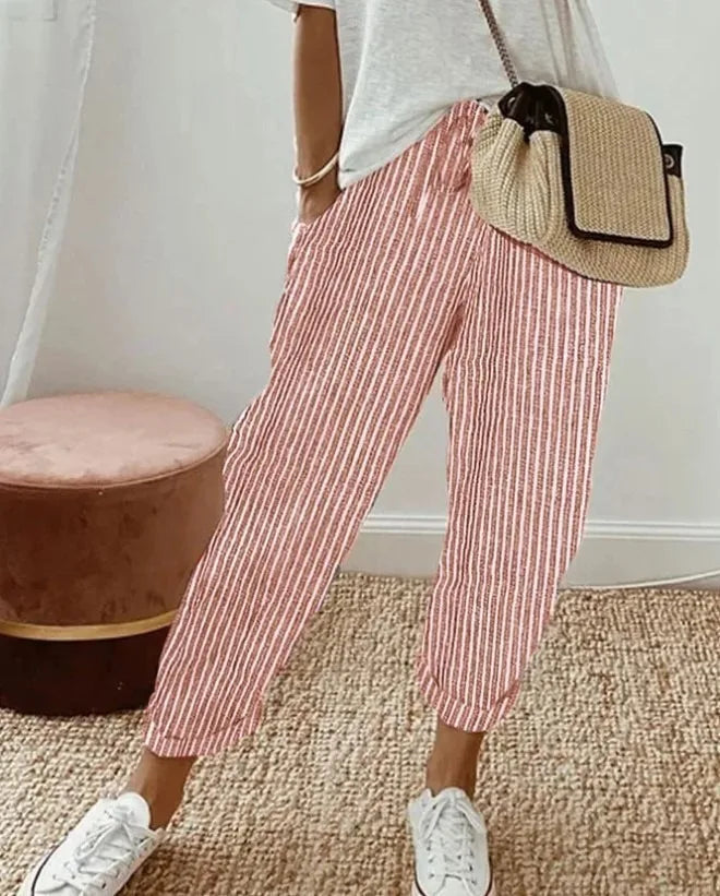 Women's Summer New Fashionable Loose Stripe Printed Elastic Waist Drawstring Casual Pants