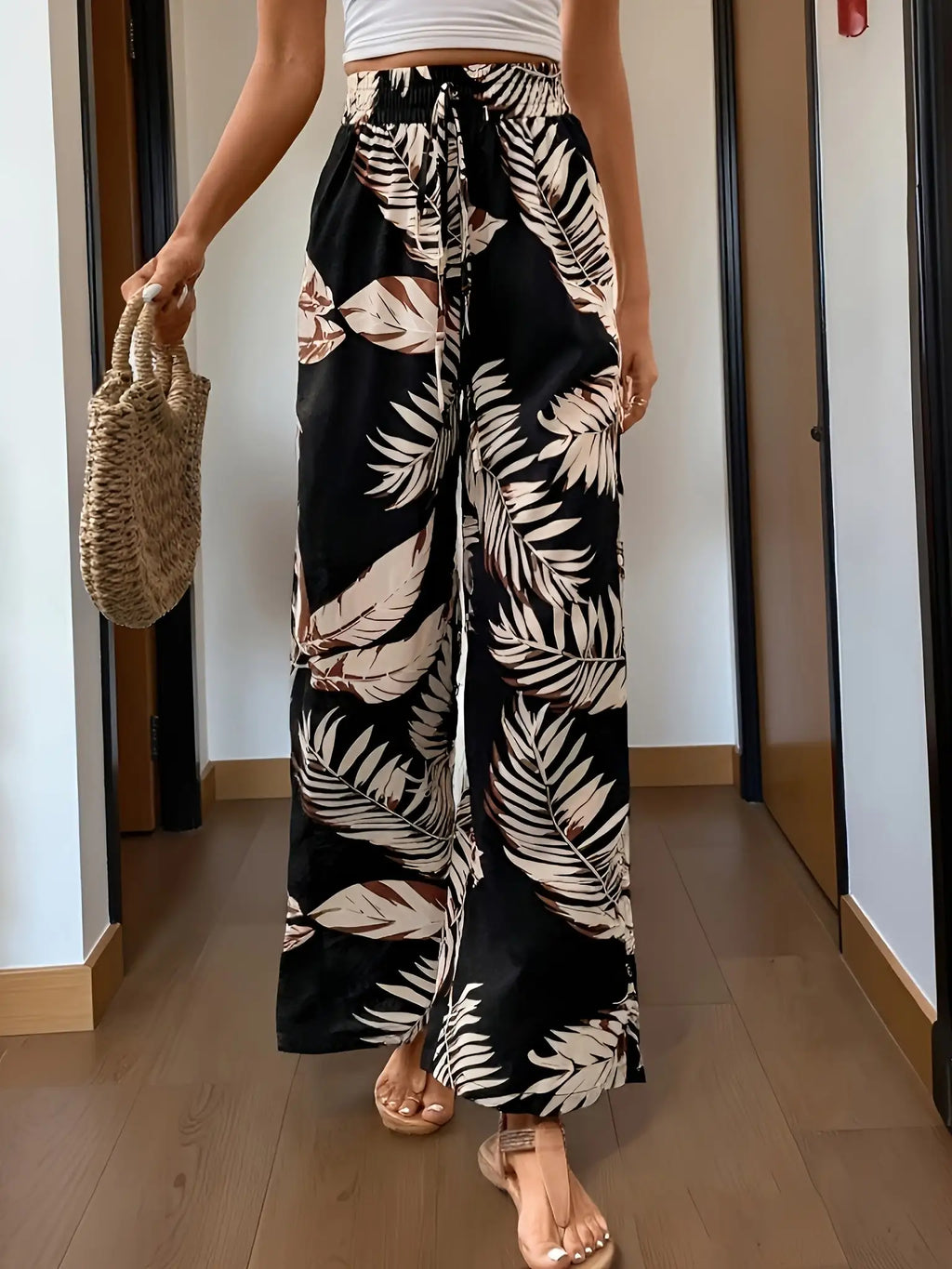 Women's Casual Elegant Bohemian Style - Loose Comfortable Leaf Printed Wide Leg Elastic Waist Wide Leg Pants