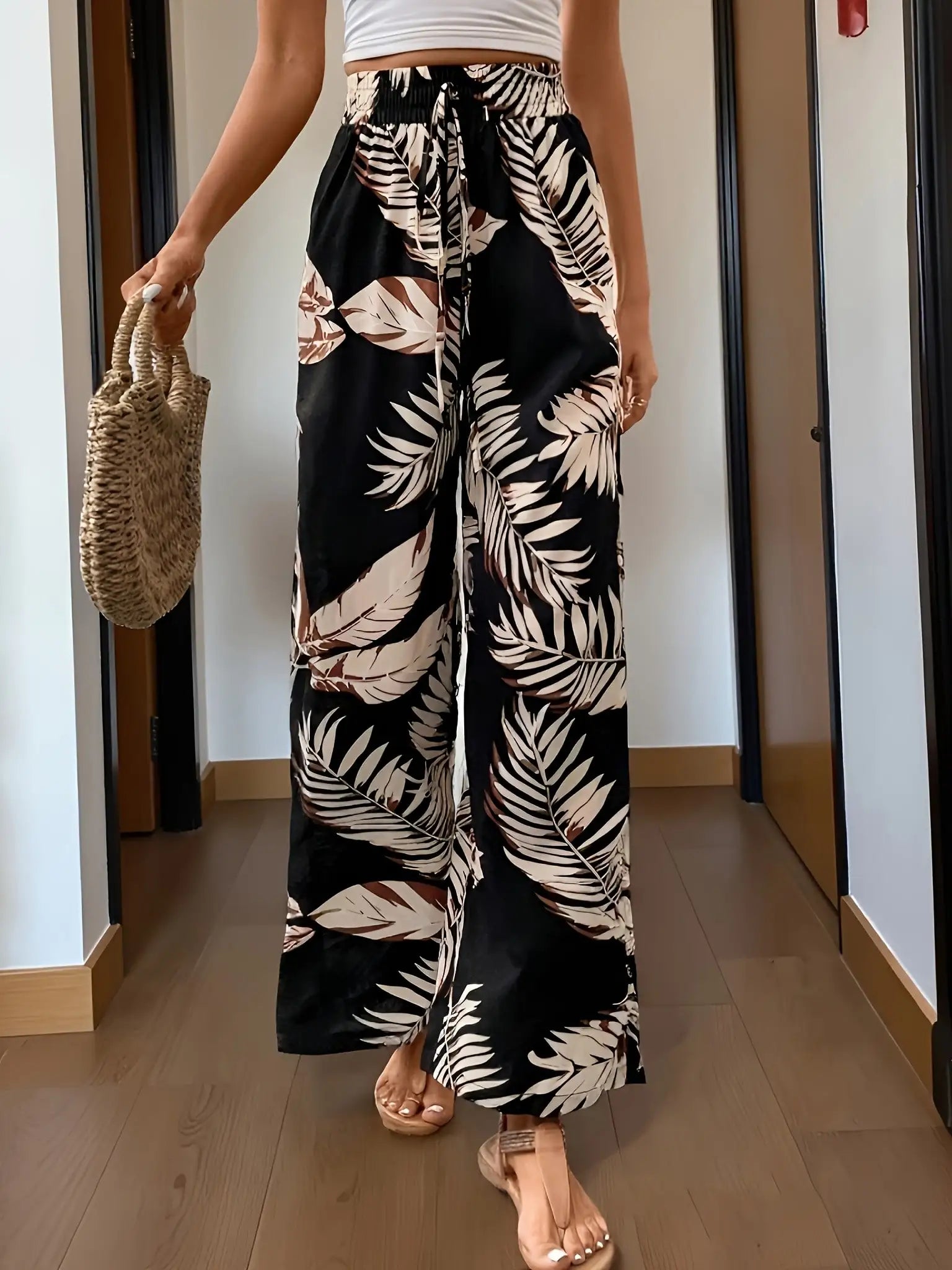 Women's Casual Elegant Bohemian Style - Loose Comfortable Leaf Printed Wide Leg Elastic Waist Wide Leg Pants