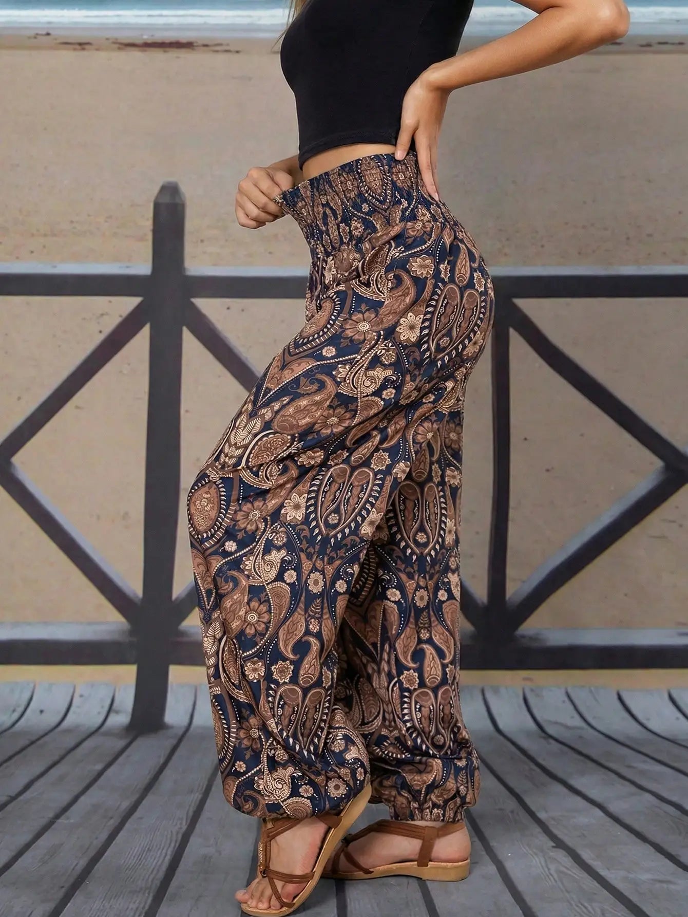 Women's Paisley Print High Waist Harem Pants Loose Casual Beach Palazzo Pants Elastic Cuff Lounge Pants for Summer Vacation