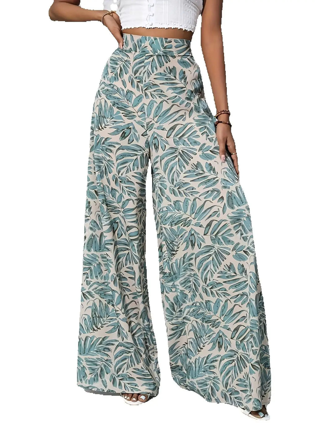 Women's Summer Floral Print Plus Size Wide Leg Pants, Elegant High-Waist Loose Casual Pants, Perfect for Resort Style