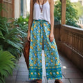 Happie Queens Women Floral Print Bohemian Wide Leg Pants Lady Elastic Waist Loose Rayon Boho Long Pants Beach Casual Trousers