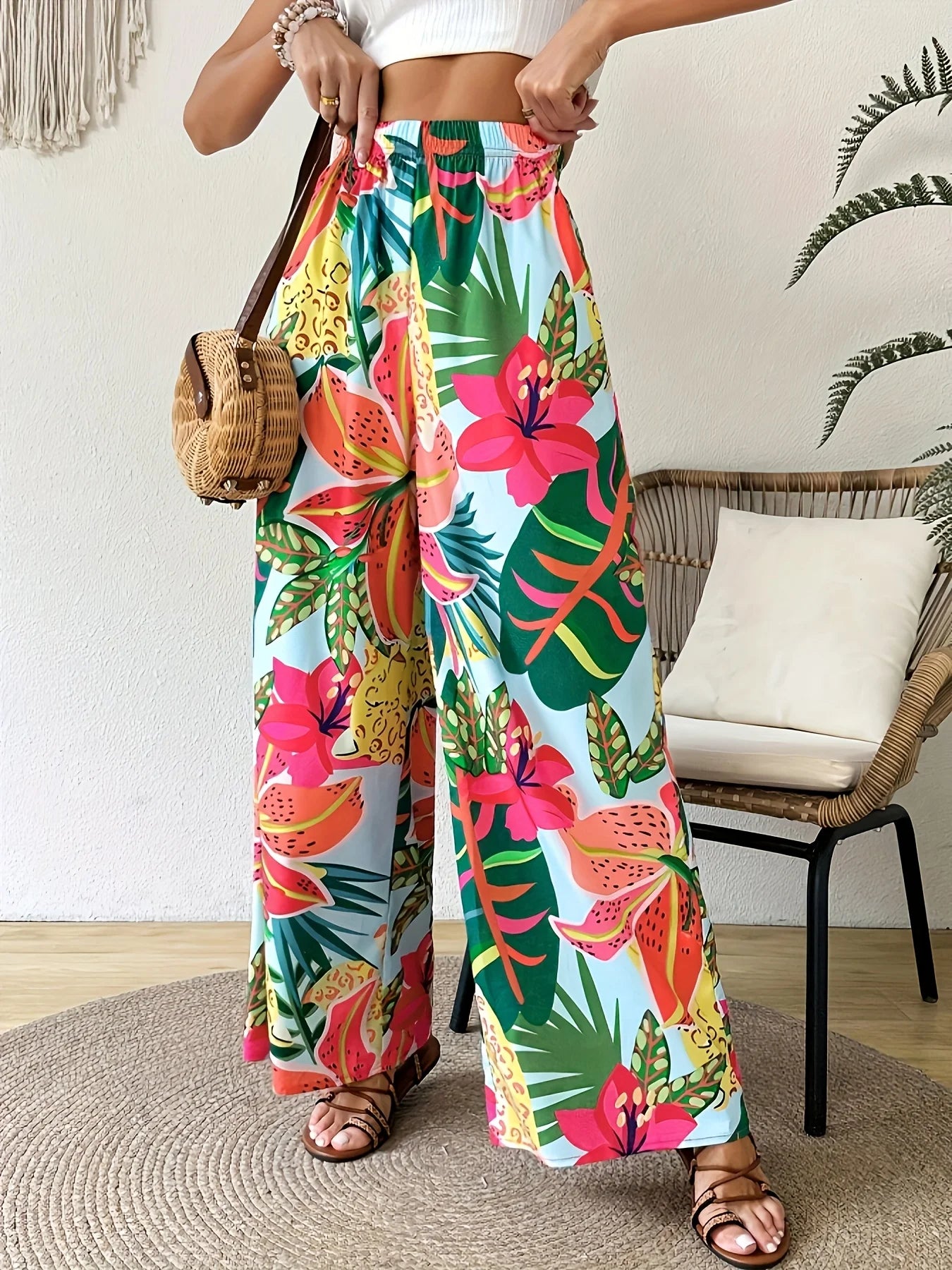 2026 women's vacation casual comfortable loose pants floral tropical elastic waist wide leg pants