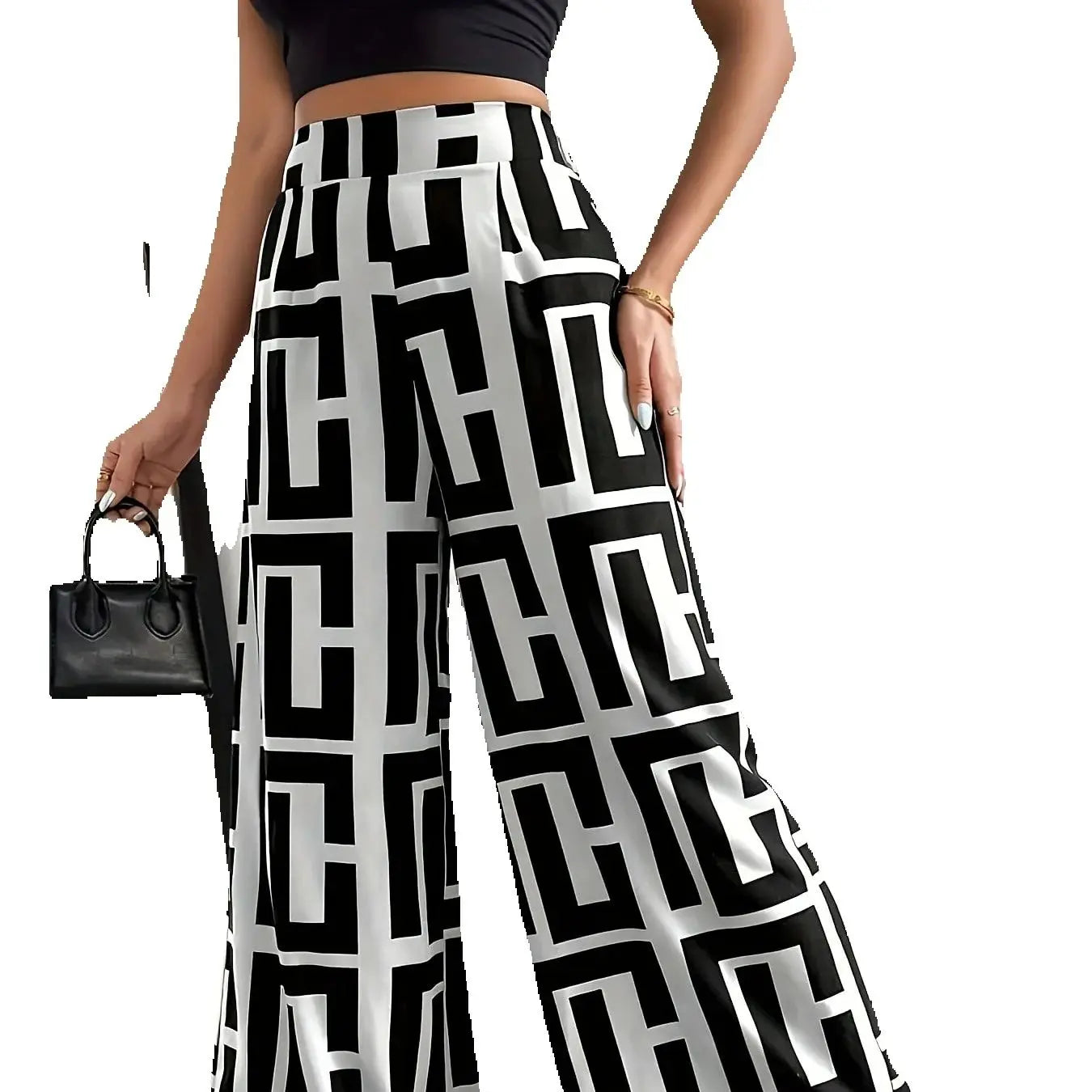 New chic wide leg pants elastic waist dual color geometric pattern printed loose fits wide leg pants