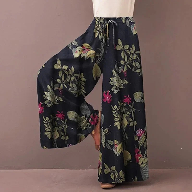 Floral Print Wide Leg Women Pants Spring Drawstring Bohemia Trousers Lady Casual Loose Elastic Waist Pantalonsw Plus Size