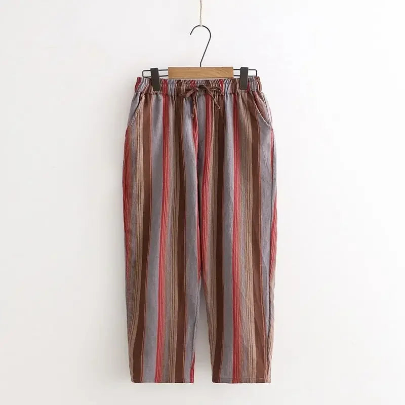 Striped Vintage Elastic High Waist Lace Up Cotton Linen Women's Pants Korean Fashion Wide Leg Ankle-Length Pants For Women 2025