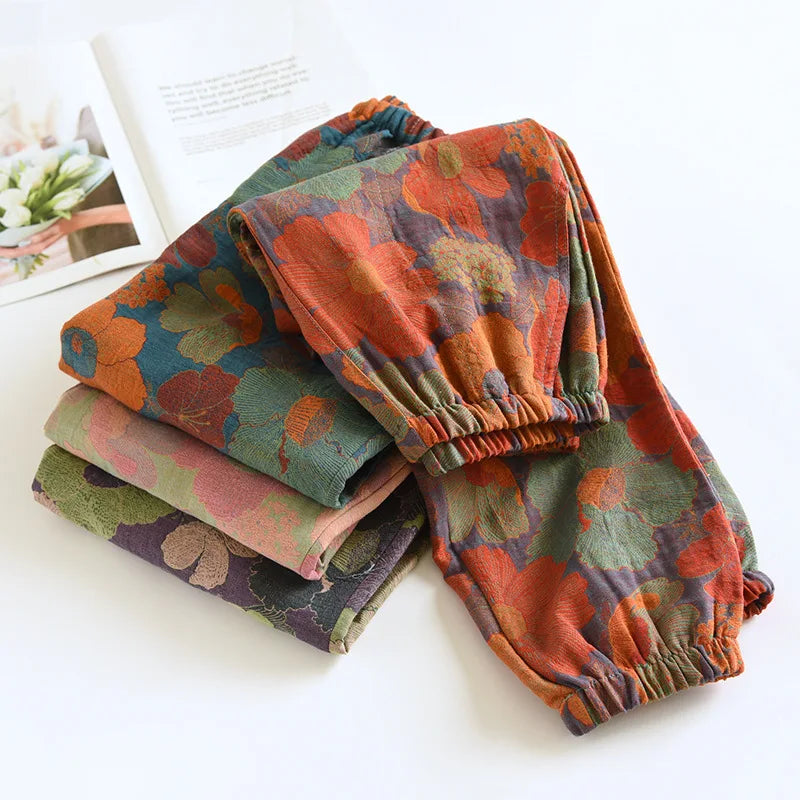 Leaves Printing Cotton Pajama Pants for Women Spring and Autumn Thin Cotton Closure Feet Loose Fitting Mosquito Proof Home Pants