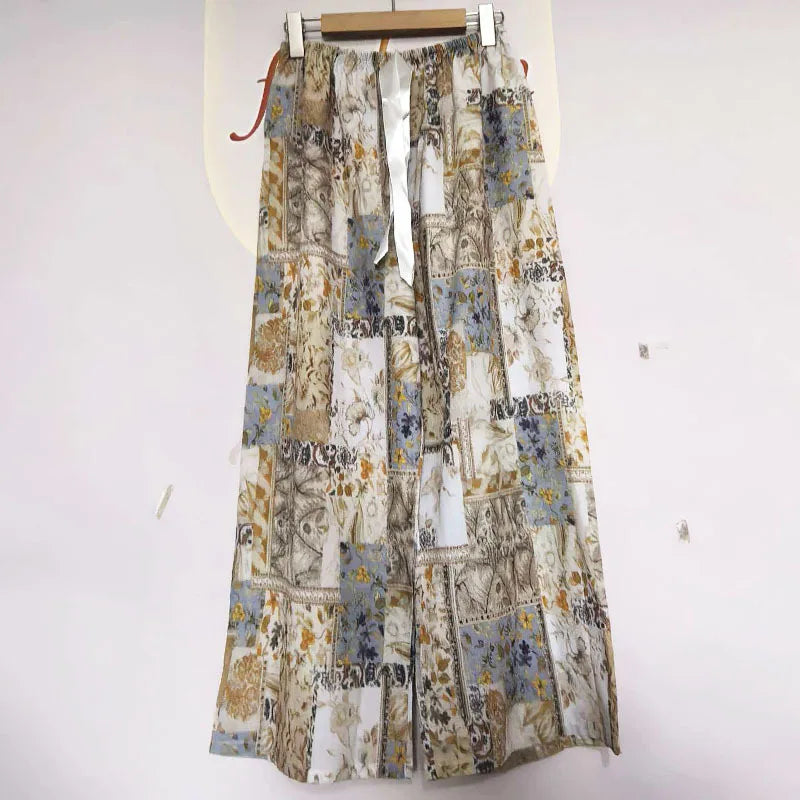 Printed Wide Leg Pants Women Summer Loose Casual Long Trousers Retro Artistic Style Quality Pants Comfortable Cotton Blend