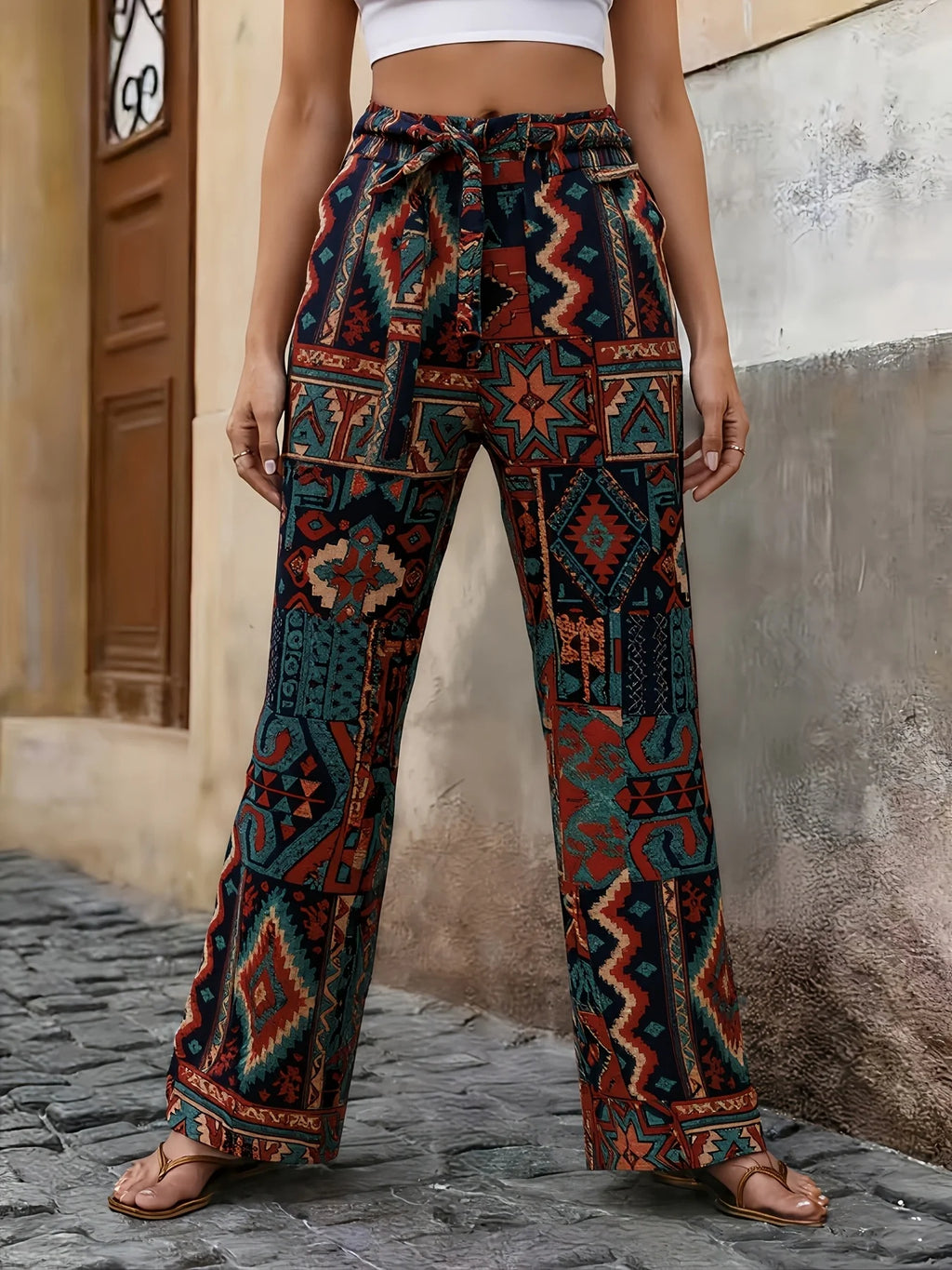Ethnic Geometric Print Wide-Leg Pants, High-Waist Lace-Up Slimming Ankle-Length Trousers, Vacation Outfit