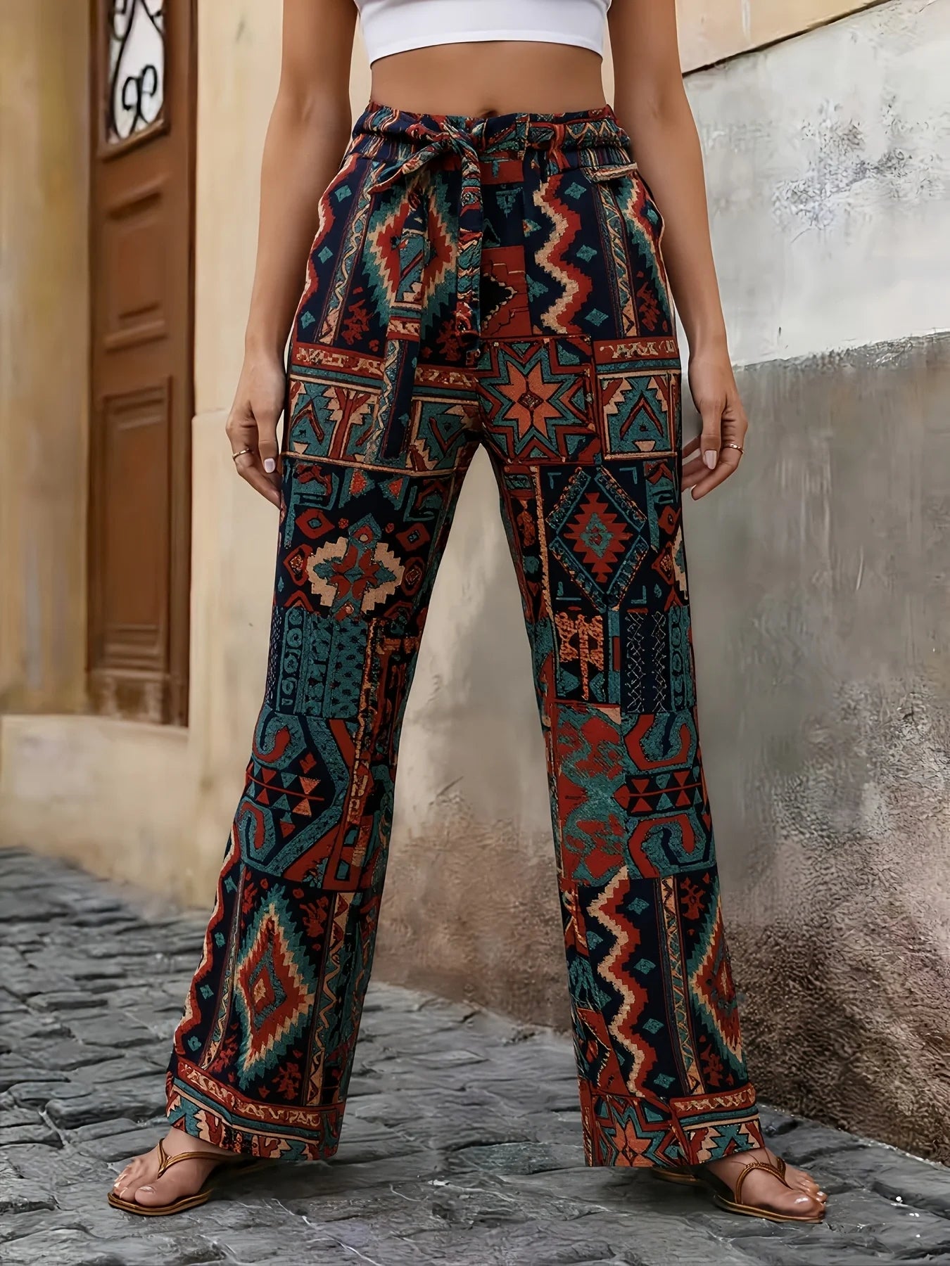 Ethnic Geometric Print Wide-Leg Pants, High-Waist Lace-Up Slimming Ankle-Length Trousers, Vacation Outfit