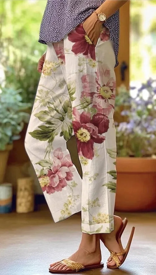 Fashion Floral Print Pants Lady Casual Pockets Mid Waist Straight Ankle-Length Pants For Women Holiday Y2k Womens Clothing New