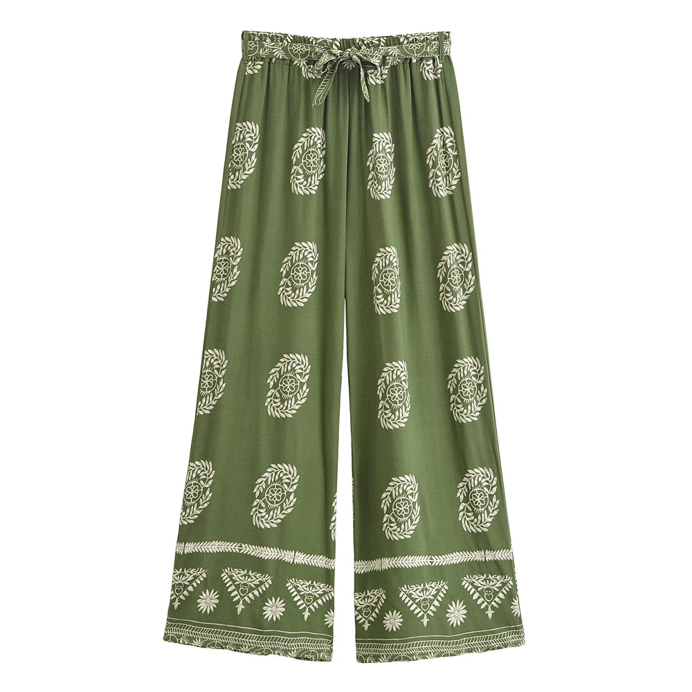 Boho Queens Women Floral Bohemian Wide Leg Holiday Pants with Pockets Lady Elastic Waist Loose Vacation Boho Pants Trousers