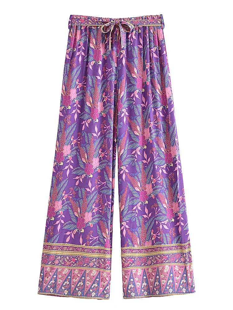 Boho Queens Autumn Women Purple Floral Print Bohemian Wide Leg Pants Lady Gothic Elastic Waist Loose Boho Pant Holiday Trousers