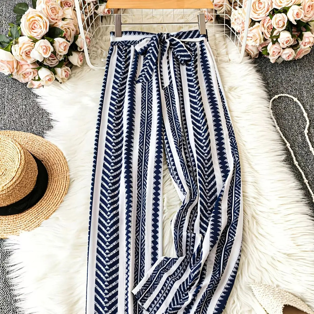 Bohemian style casual elegant printed elastic high waisted slimming women's loose wide leg beach pants long pants