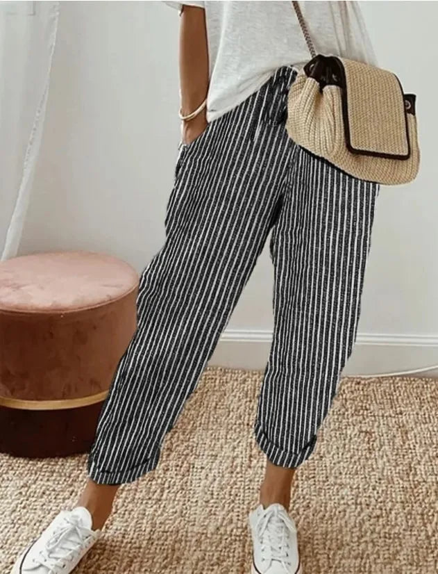 Women's Summer New Fashionable Loose Stripe Printed Elastic Waist Drawstring Casual Pants