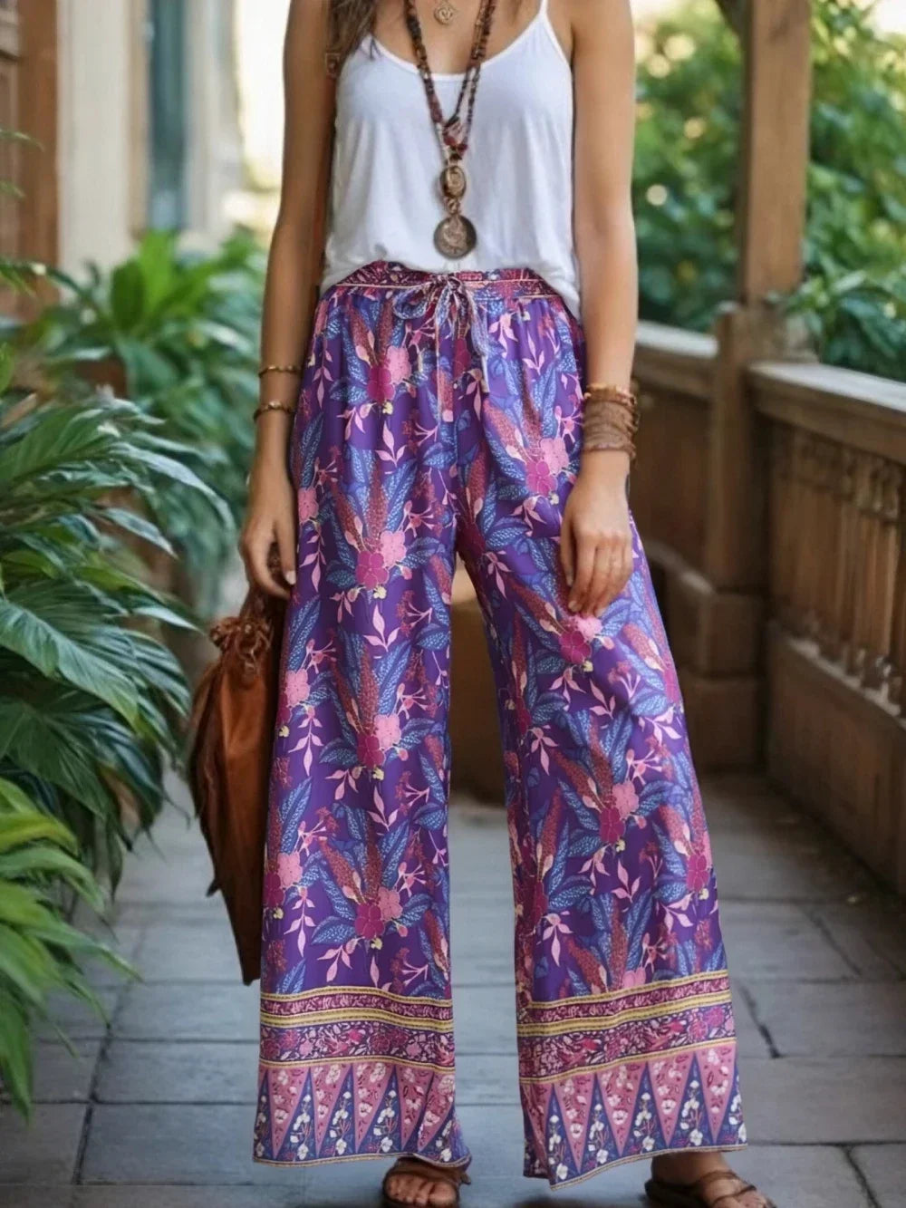 Boho Queens Autumn Women Purple Floral Print Bohemian Wide Leg Pants Lady Gothic Elastic Waist Loose Boho Pant Holiday Trousers