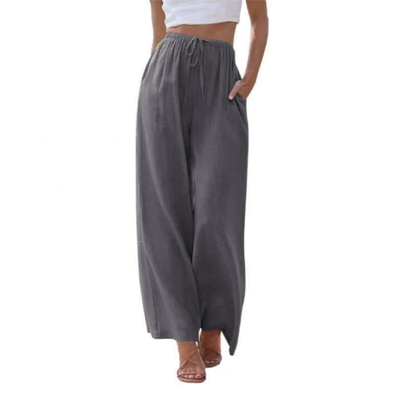 Women's Summer Linen Wide Leg Pants High Waist Elastic Drawstring Casual Loose Palazzo Trousers with Pockets