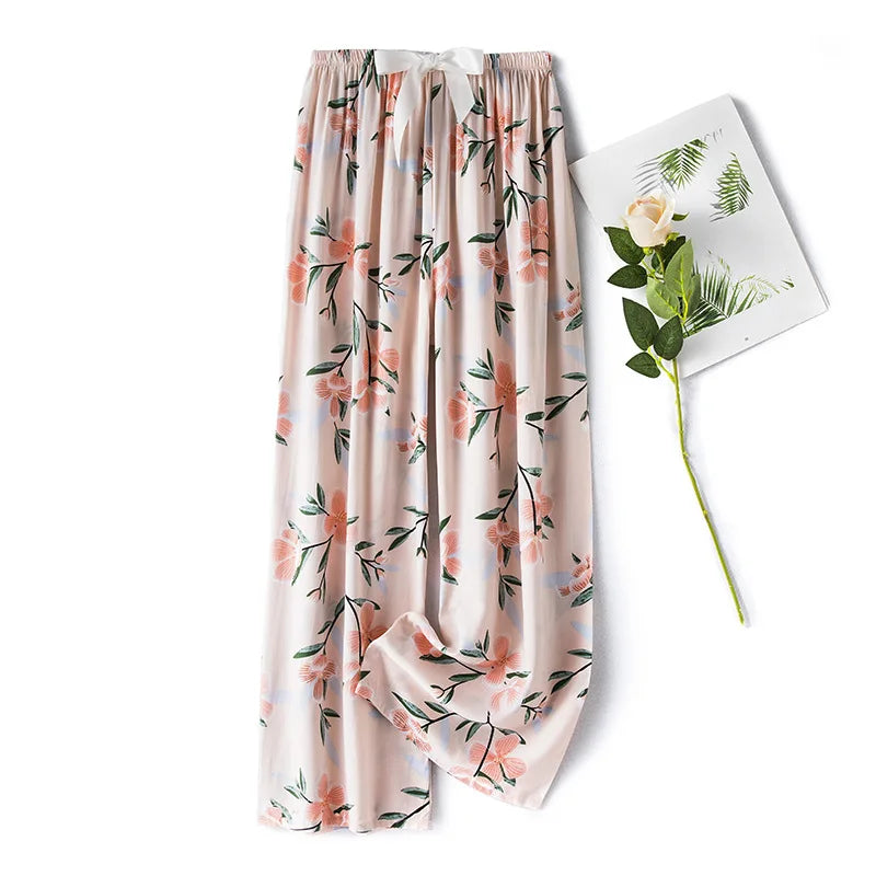 New Ladies Pants Viscose Pajama Sleep Bottoms Thin Loose Large Size Pants Women Pants Home Clothes Loungewear Floral Sleepwear