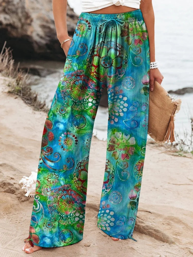 New Women's Drawstring Relaxed-Fit Casual Pants 3D Floral Print Comfortably Chic Wide-Leg Pants