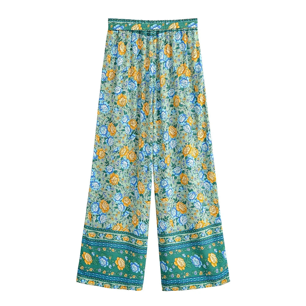 Happie Queens Women Floral Print Bohemian Wide Leg Pants Lady Elastic Waist Loose Rayon Boho Long Pants Beach Casual Trousers