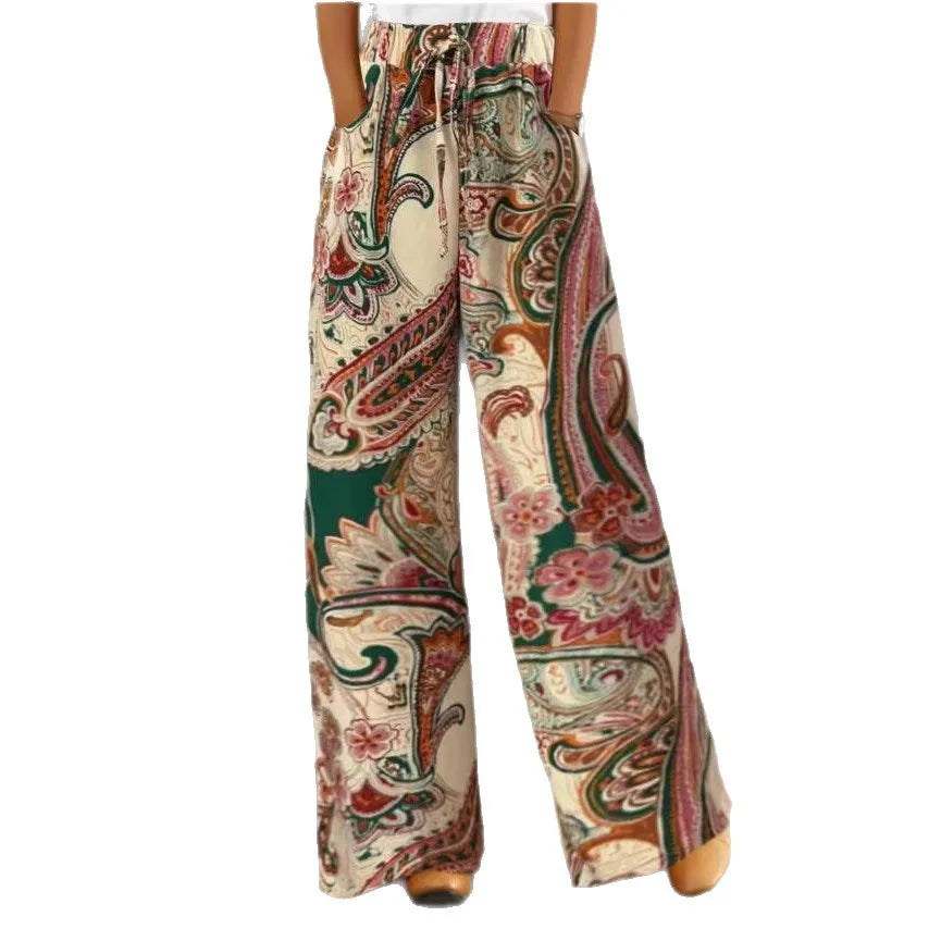 Fashionable Print Wide Leg Pants Women's Elastic Waist Fake Drawstring Comfortable Casual Trousers Autumn Season Polyester Fa...