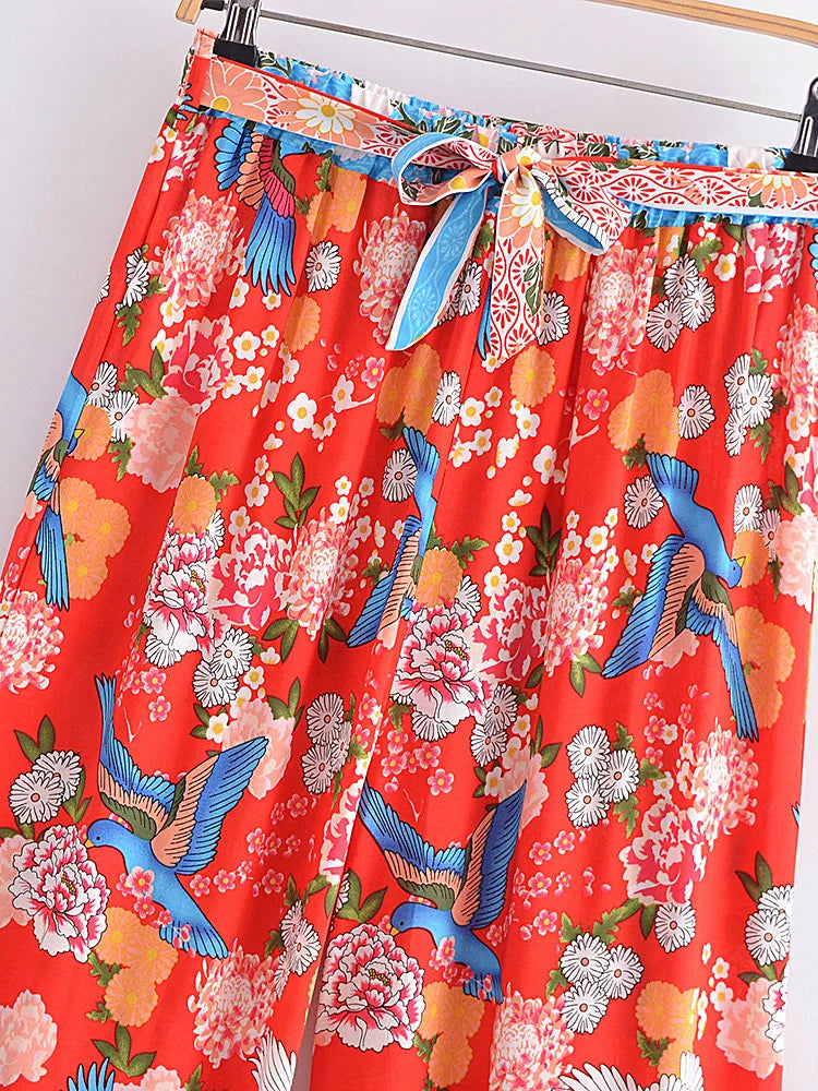 Happie Queens Women Floral Print Bohemian Wide Leg Pants Lady Elastic Waist Loose Rayon Boho Long Pants Beach Casual Trousers