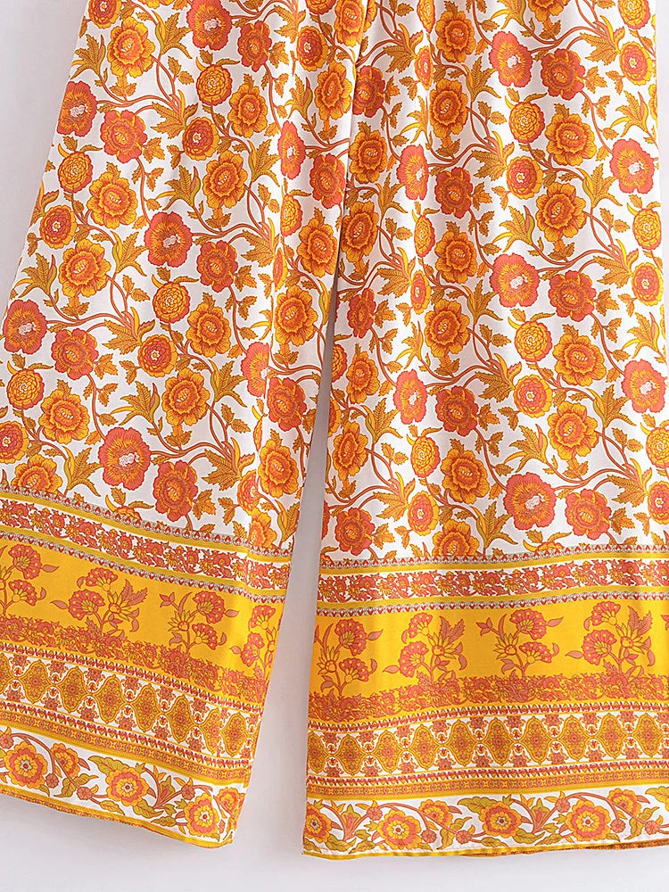 Happie Queens Women Floral Print Bohemian Wide Leg Pants Lady Elastic Waist Loose Rayon Boho Long Pants Beach Casual Trousers
