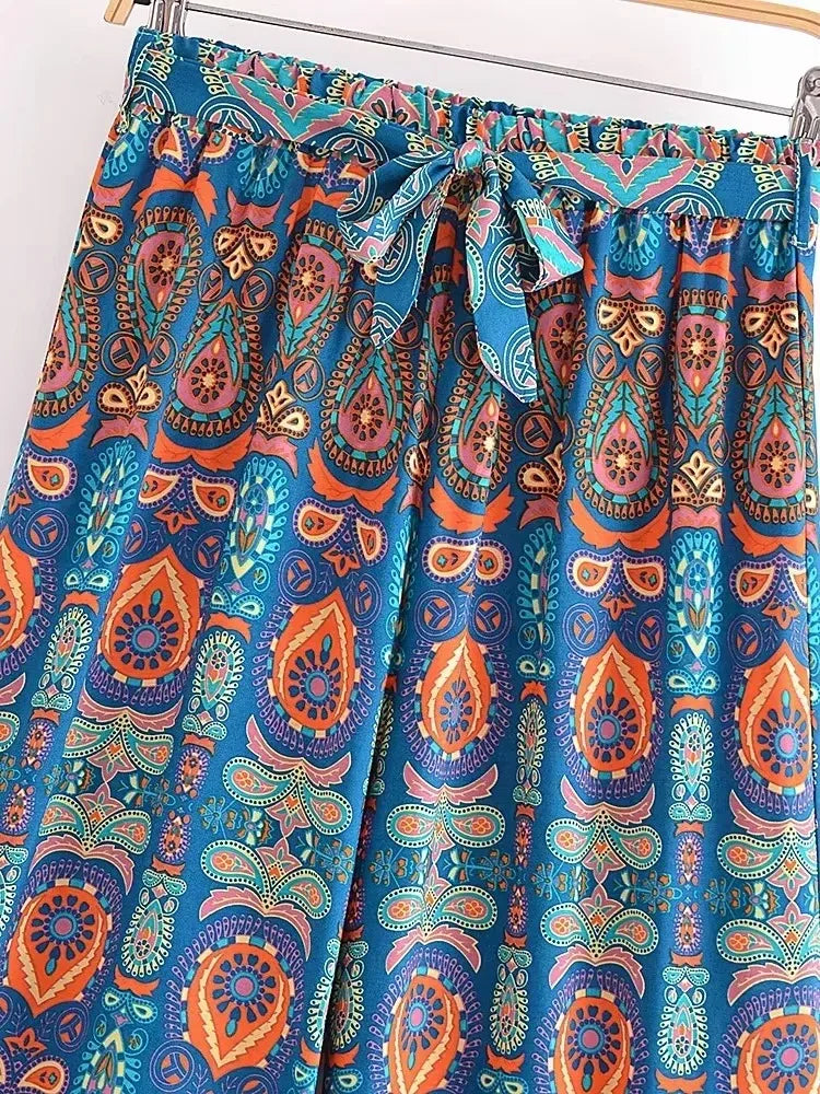 Boho Queens Women Red Floral Print Bohemian Wide Leg Pant Lady Gothic Elastic Waist Loose Rayon Long Boho Pants Casual Trousers