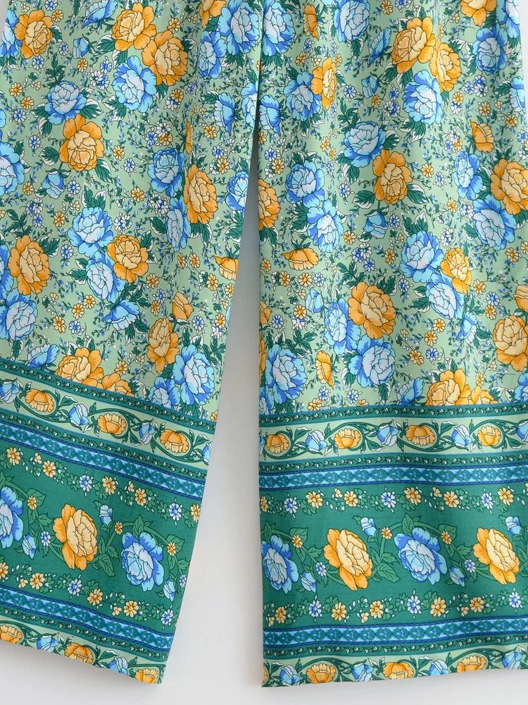 Happie Queens Women Floral Print Bohemian Wide Leg Pants Lady Elastic Waist Loose Rayon Boho Long Pants Beach Casual Trousers