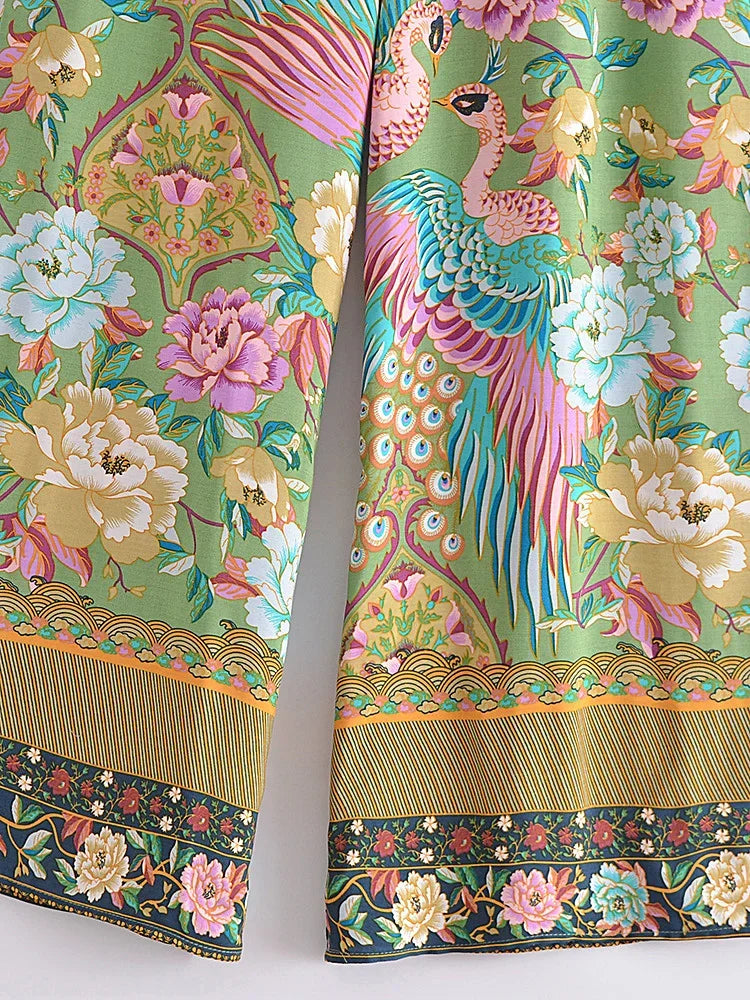 Women Peacock Floral Print Bohemian Wide Leg Pants Lady Elastic Waist Loose Rayon Boho Long Pant  Oversize Trousers
