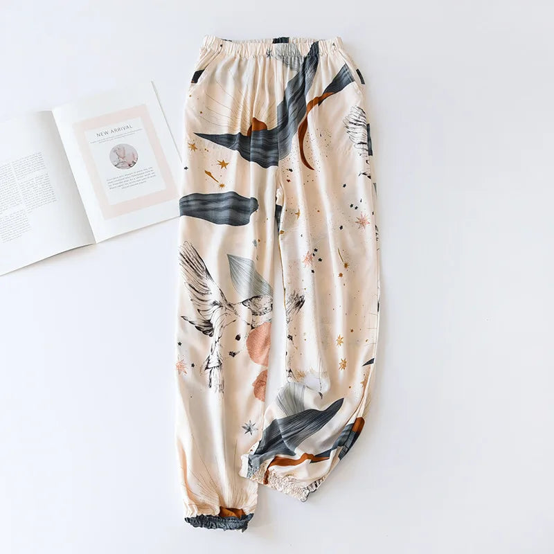 Spring and summer new women's trousers 100% viscose large flowers comfortable pajama pants loose closing home pants plus size