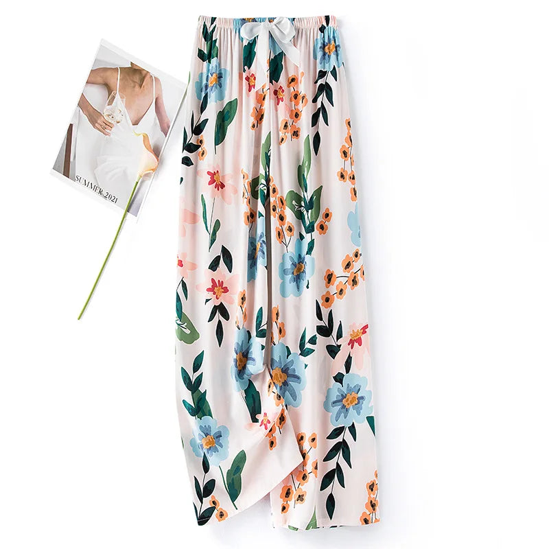 New Ladies Pants Viscose Pajama Sleep Bottoms Thin Loose Large Size Pants Women Pants Home Clothes Loungewear Floral Sleepwear